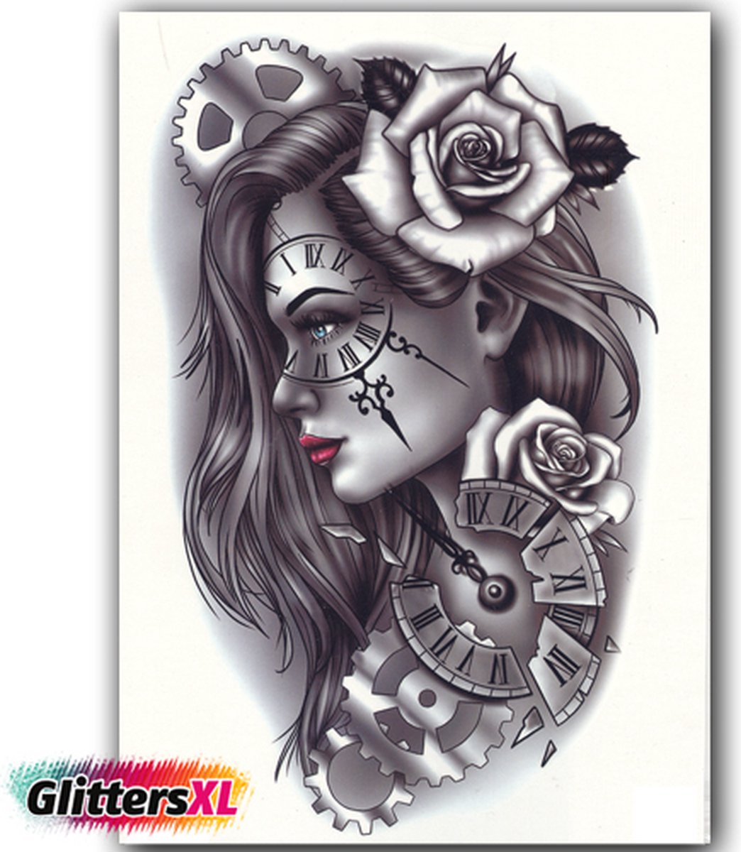 GlittersXL - Temporary Tattoo Vrouw/Klok/Rozen (A5 formaat) [Neptattoo - Tijdelijke tatoeage - Nep Fake Tattoos - Water overdraagbare festival sticker henna outfit tattoo - Glitter tattoo - Volwassenen Kinderen Jongen Meisje]